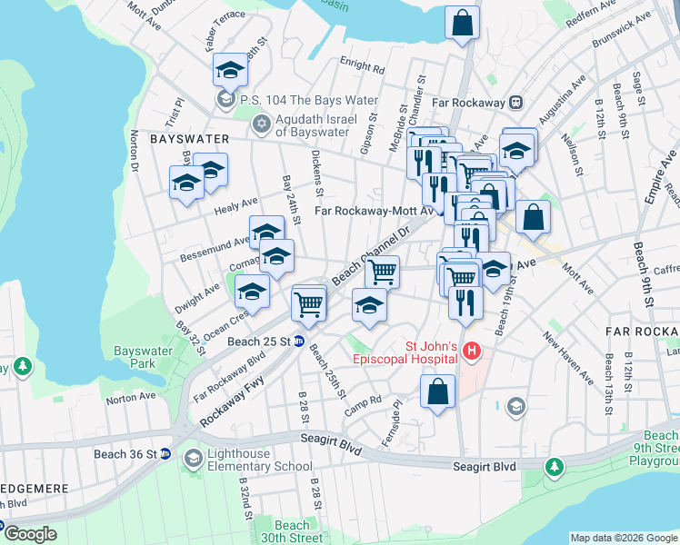 map of restaurants, bars, coffee shops, grocery stores, and more near 23-67 Cornaga Avenue in Queens