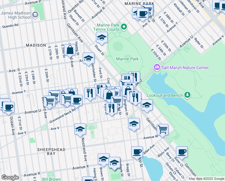 map of restaurants, bars, coffee shops, grocery stores, and more near 2054 Bragg Street in Brooklyn