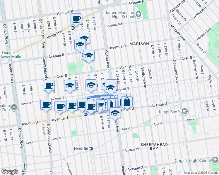 map of restaurants, bars, coffee shops, grocery stores, and more near 1979 East 19th Street in Brooklyn