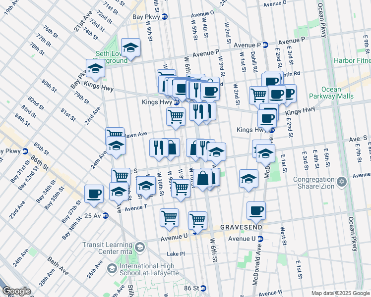 map of restaurants, bars, coffee shops, grocery stores, and more near 1856 West 7th Street in Brooklyn