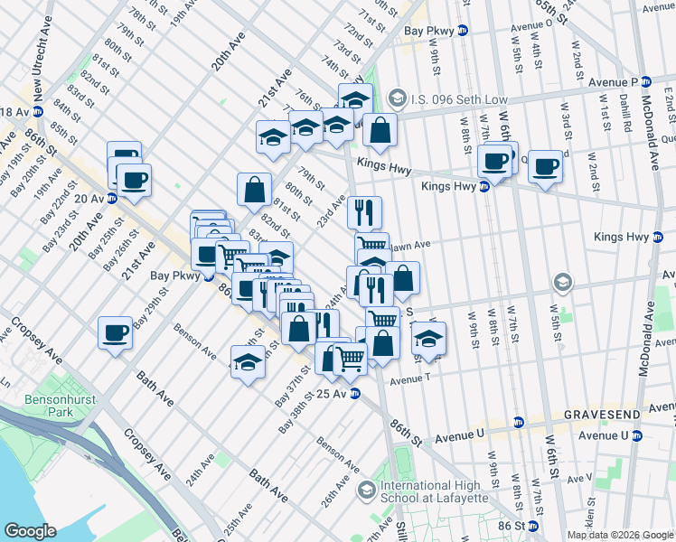 map of restaurants, bars, coffee shops, grocery stores, and more near 2365 82nd Street in Brooklyn