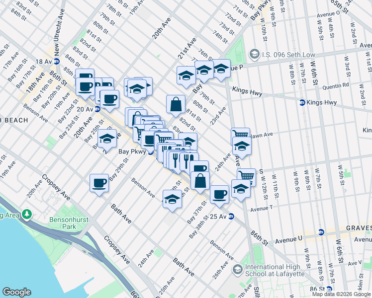 map of restaurants, bars, coffee shops, grocery stores, and more near 2281 84th Street in Brooklyn