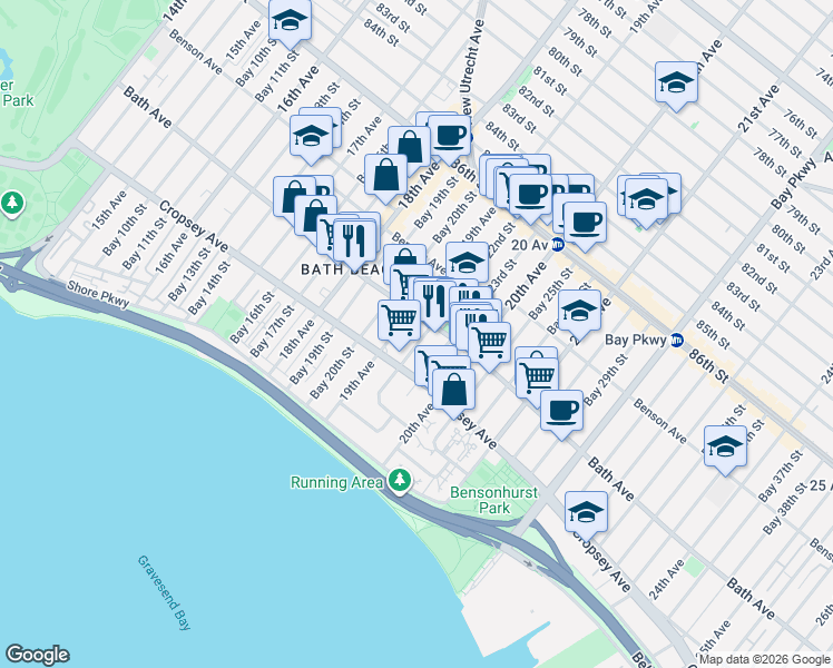 map of restaurants, bars, coffee shops, grocery stores, and more near 8783 19th Avenue in Brooklyn