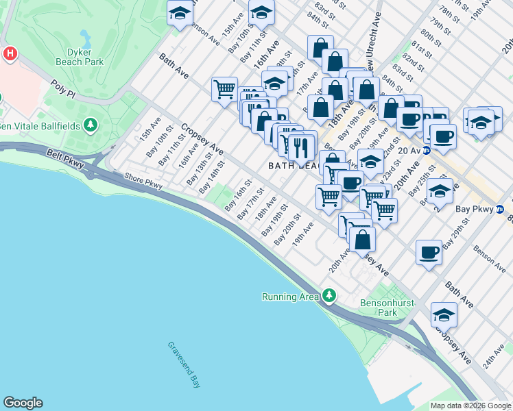 map of restaurants, bars, coffee shops, grocery stores, and more near 8872 18th Avenue in Brooklyn