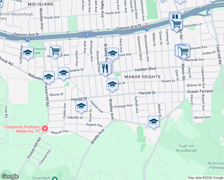 map of restaurants, bars, coffee shops, grocery stores, and more near 366 Bradley Avenue in Staten Island