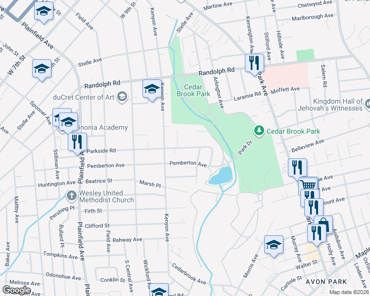 map of restaurants, bars, coffee shops, grocery stores, and more near 132 Parkside Road in Plainfield