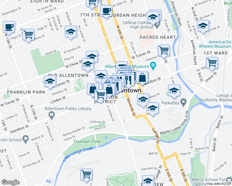 map of restaurants, bars, coffee shops, grocery stores, and more near in Allentown