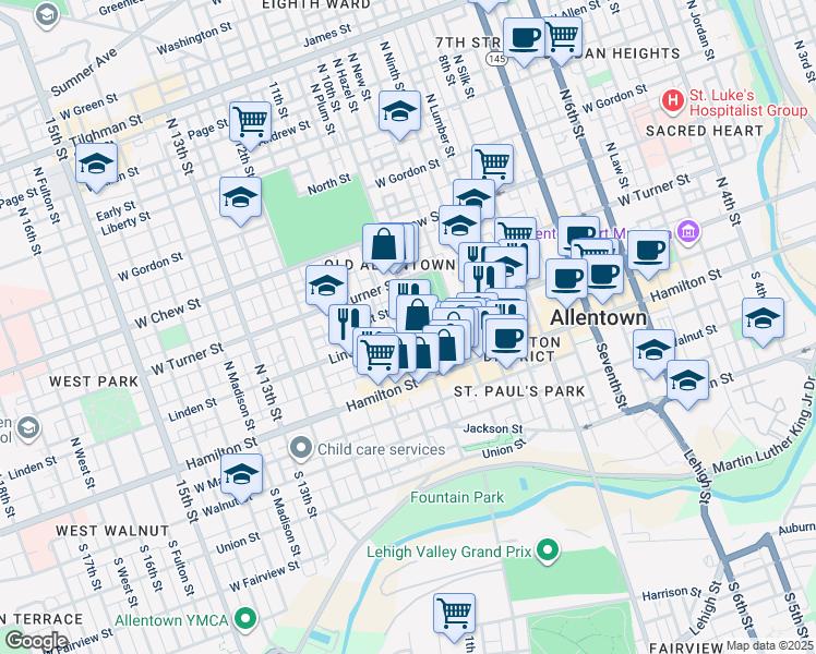 map of restaurants, bars, coffee shops, grocery stores, and more near in Allentown