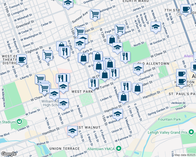 map of restaurants, bars, coffee shops, grocery stores, and more near 1432 West Chew Street in Allentown