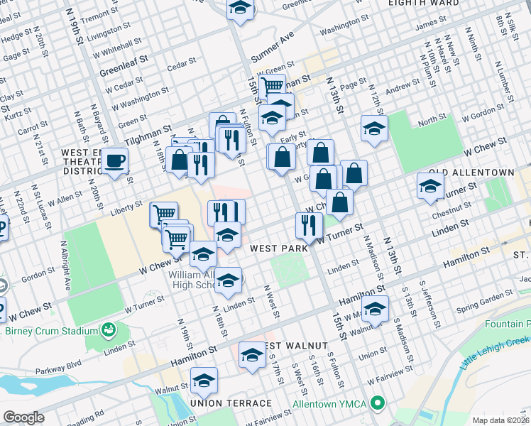 map of restaurants, bars, coffee shops, grocery stores, and more near 317 North 16th Street in Allentown