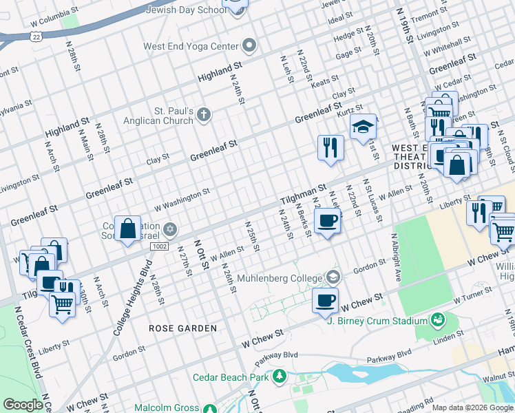 map of restaurants, bars, coffee shops, grocery stores, and more near 2433 Tilghman Street in Allentown