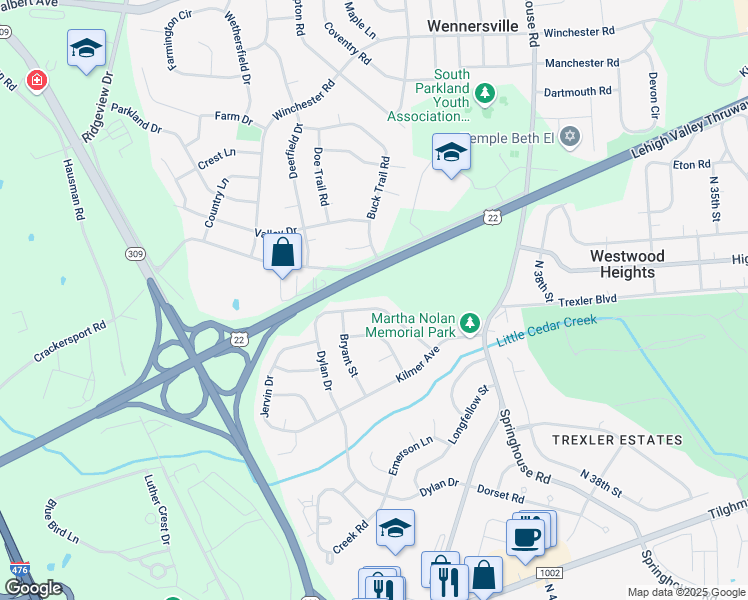 map of restaurants, bars, coffee shops, grocery stores, and more near 1135 North Whitman Street in Allentown