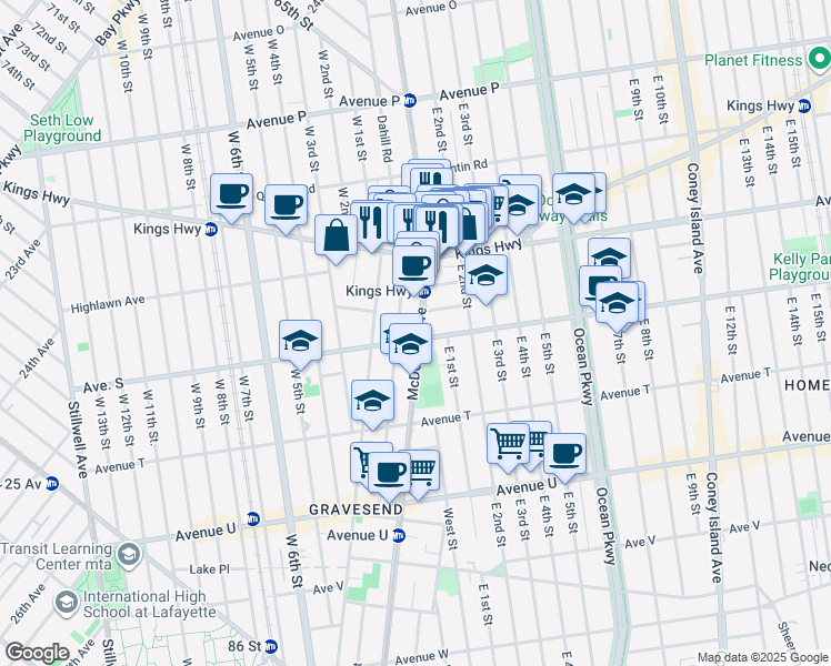 map of restaurants, bars, coffee shops, grocery stores, and more near 337 Avenue S in Brooklyn