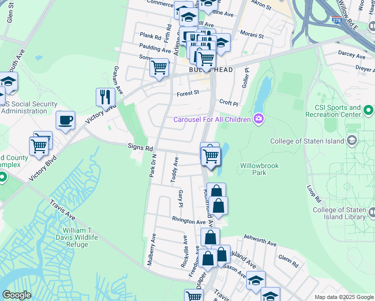 map of restaurants, bars, coffee shops, grocery stores, and more near 29 Signs Road in Staten Island