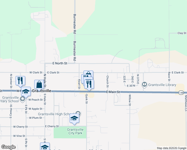 map of restaurants, bars, coffee shops, grocery stores, and more near 242 East Clark Street in Grantsville