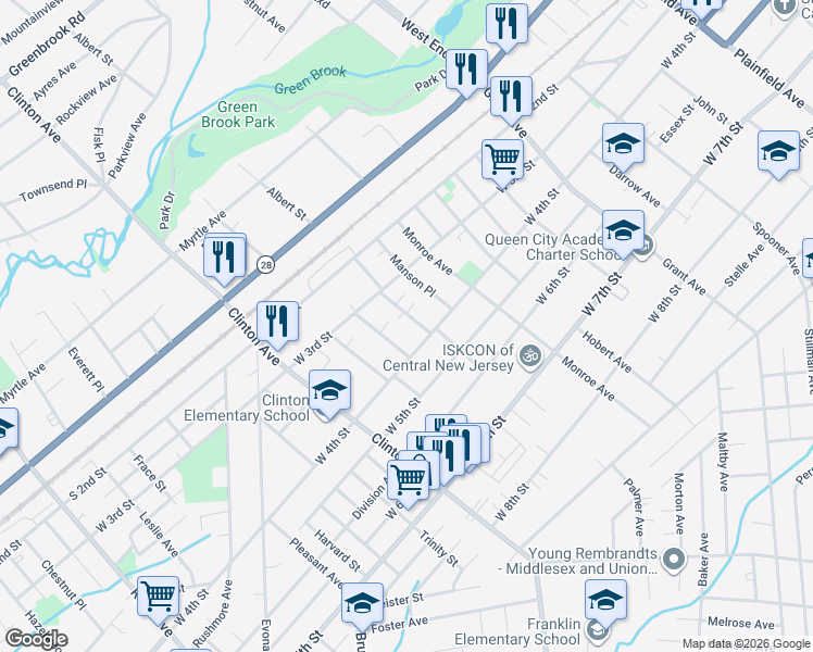 map of restaurants, bars, coffee shops, grocery stores, and more near 330 McDowell Street in Plainfield