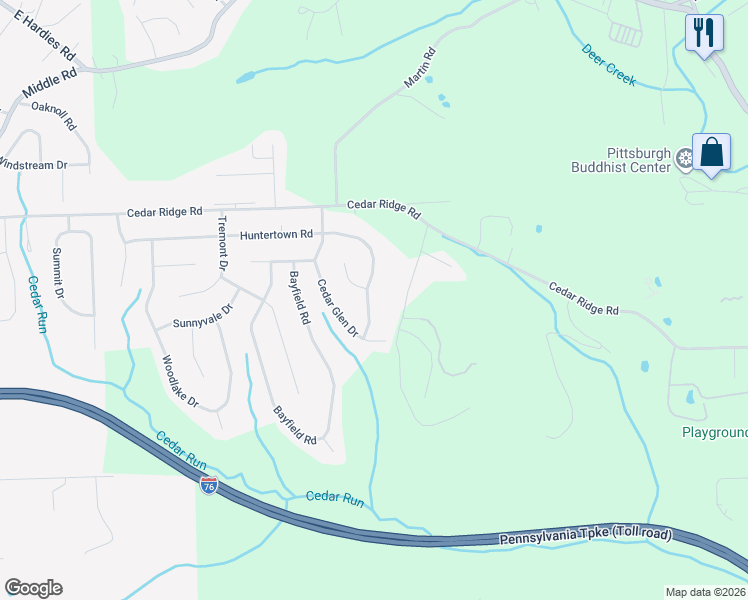 map of restaurants, bars, coffee shops, grocery stores, and more near 3570 Huntertown Road in Allegheny County