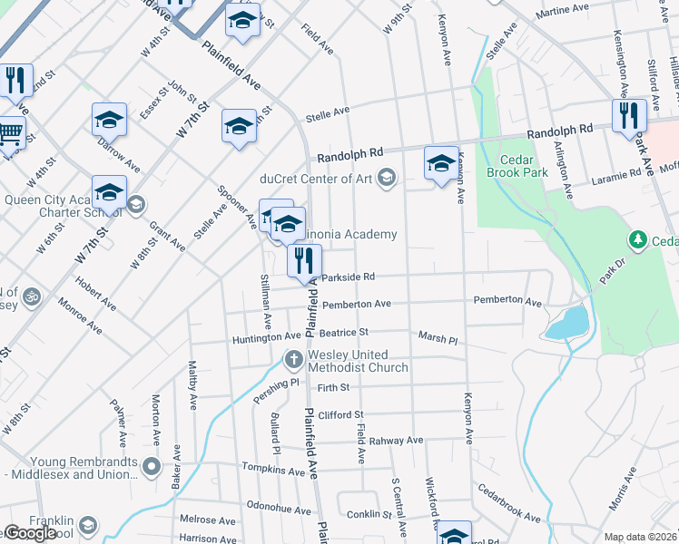 map of restaurants, bars, coffee shops, grocery stores, and more near 512 Parkside Road in Plainfield