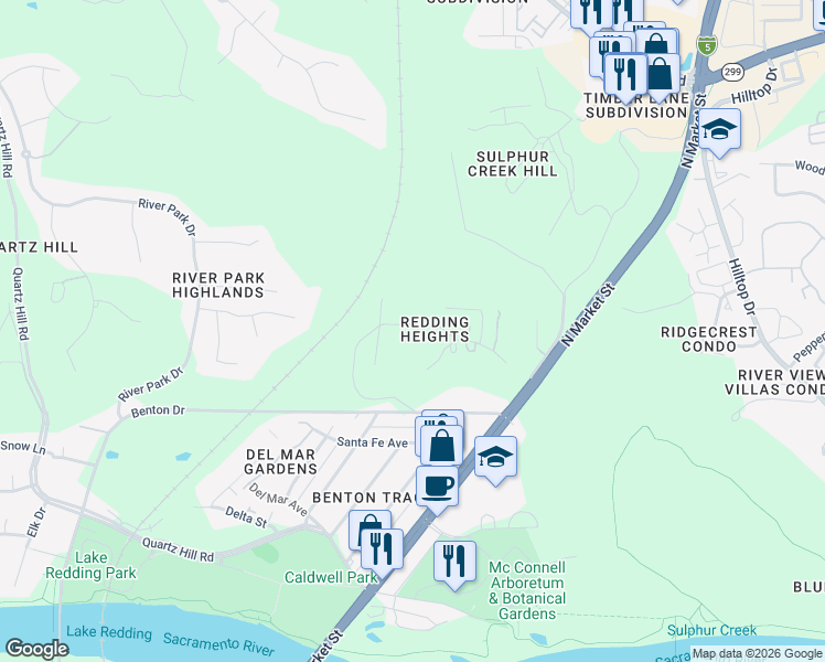 map of restaurants, bars, coffee shops, grocery stores, and more near 1725 Barbara Road in Redding