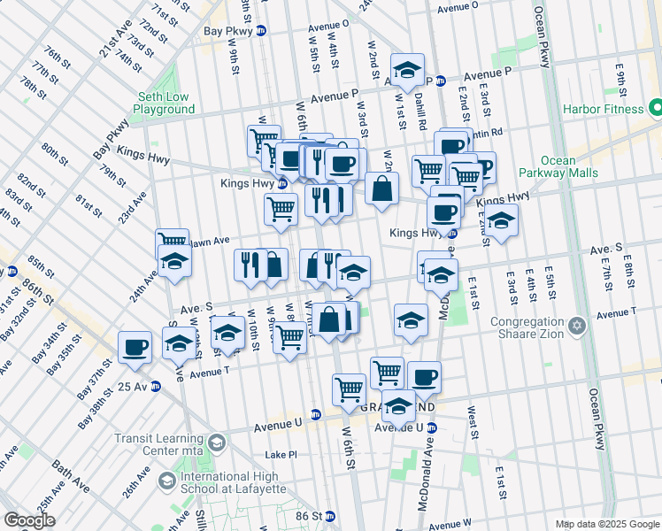 map of restaurants, bars, coffee shops, grocery stores, and more near 1863 West 6th Street in Brooklyn