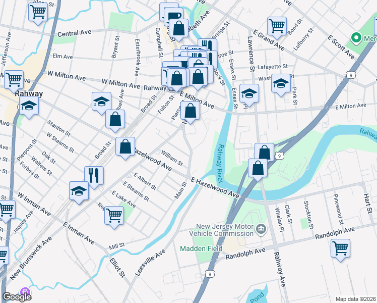 map of restaurants, bars, coffee shops, grocery stores, and more near 270 Adams Street in Rahway