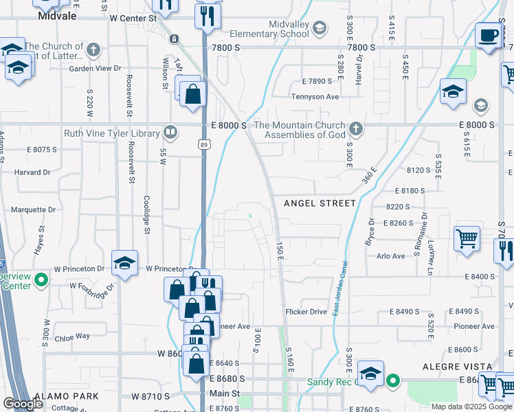 map of restaurants, bars, coffee shops, grocery stores, and more near 116 East Resaca Drive in Sandy