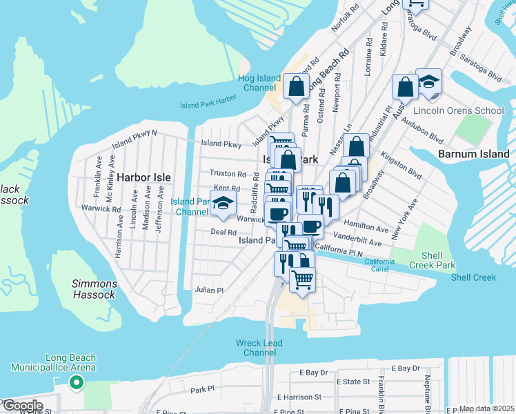 map of restaurants, bars, coffee shops, grocery stores, and more near 131 Radcliffe Road in Island Park