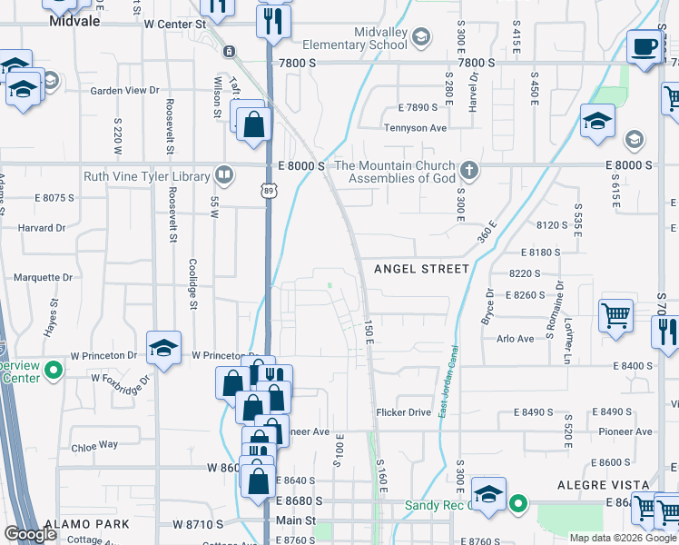 map of restaurants, bars, coffee shops, grocery stores, and more near 116 East Resaca Drive in Sandy