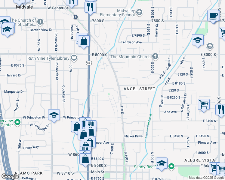 map of restaurants, bars, coffee shops, grocery stores, and more near 116 East Resaca Drive in Sandy