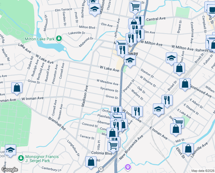 map of restaurants, bars, coffee shops, grocery stores, and more near 577 Jefferson Avenue in Rahway