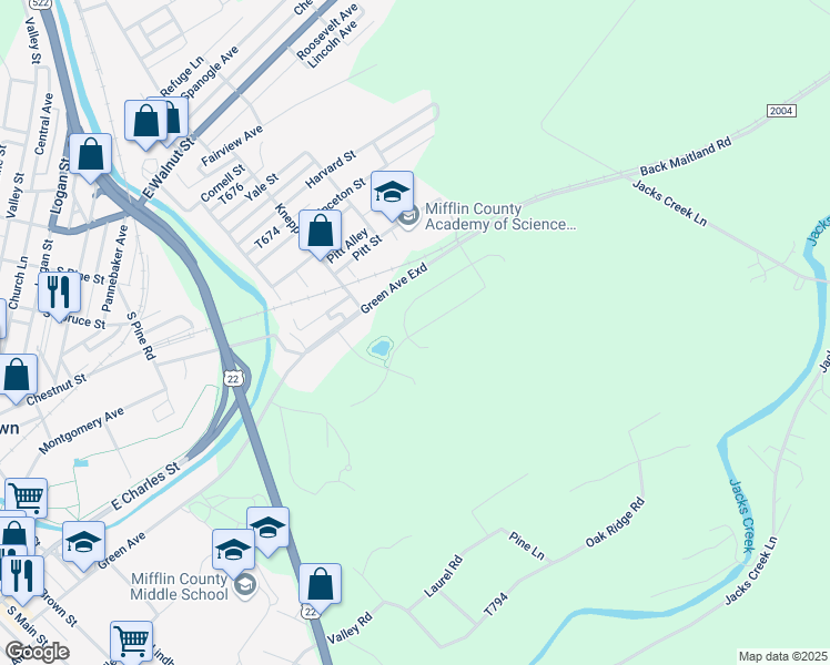 map of restaurants, bars, coffee shops, grocery stores, and more near 175 Cambridge Lane in Lewistown