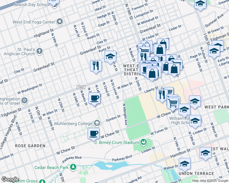 map of restaurants, bars, coffee shops, grocery stores, and more near 2130 West Allen Street in Allentown