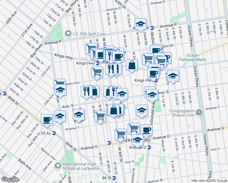 map of restaurants, bars, coffee shops, grocery stores, and more near 1863 West 6th Street in Brooklyn