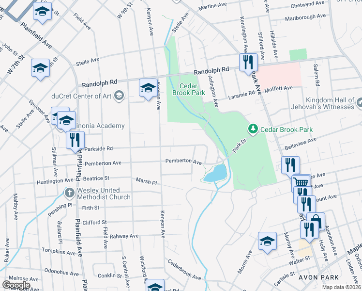 map of restaurants, bars, coffee shops, grocery stores, and more near 132 Parkside Road in Plainfield