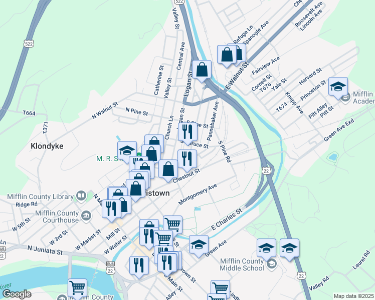 map of restaurants, bars, coffee shops, grocery stores, and more near 33 Shaw Avenue in Lewistown