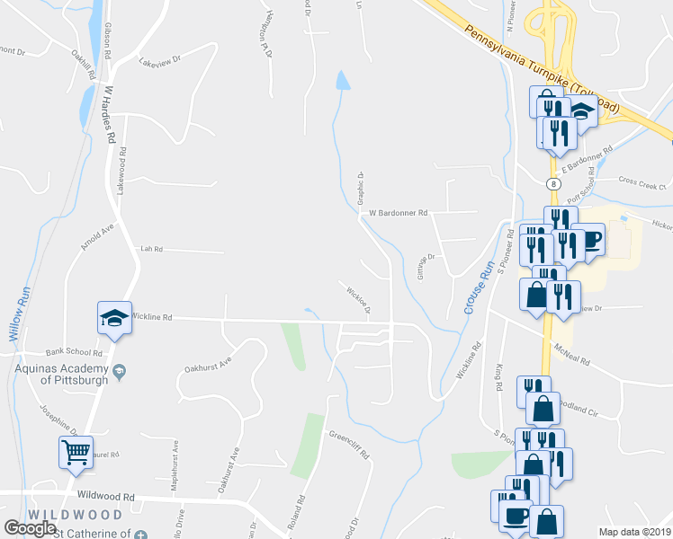map of restaurants, bars, coffee shops, grocery stores, and more near 4938 Wickloe Drive in Gibsonia