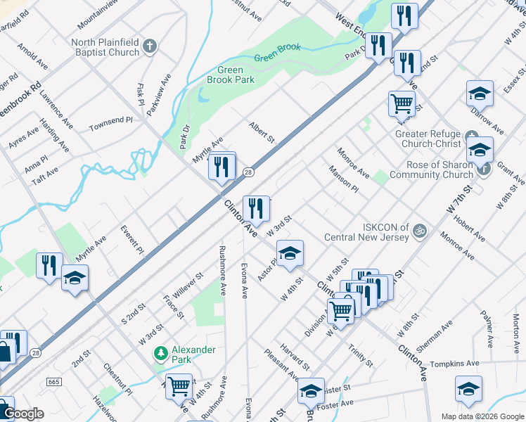 map of restaurants, bars, coffee shops, grocery stores, and more near 1191 South 2nd Street in Plainfield