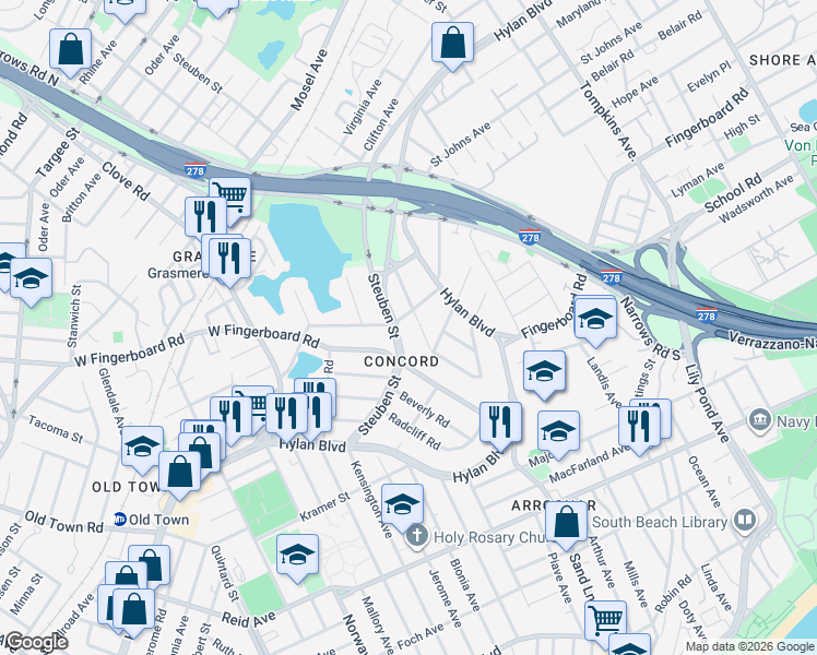 map of restaurants, bars, coffee shops, grocery stores, and more near 537 Steuben Street in Staten Island
