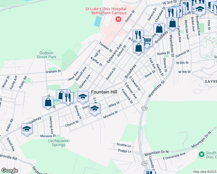 map of restaurants, bars, coffee shops, grocery stores, and more near 1117 Broadway in Fountain Hill