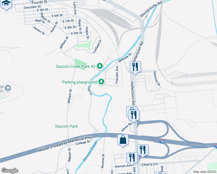 map of restaurants, bars, coffee shops, grocery stores, and more near 1834 Auburn Street in Bethlehem