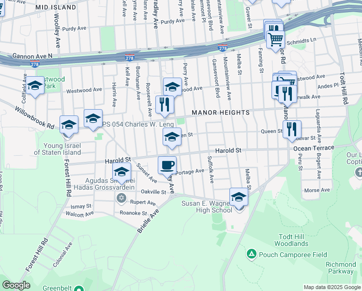map of restaurants, bars, coffee shops, grocery stores, and more near 139 Wellbrook Avenue in Staten Island