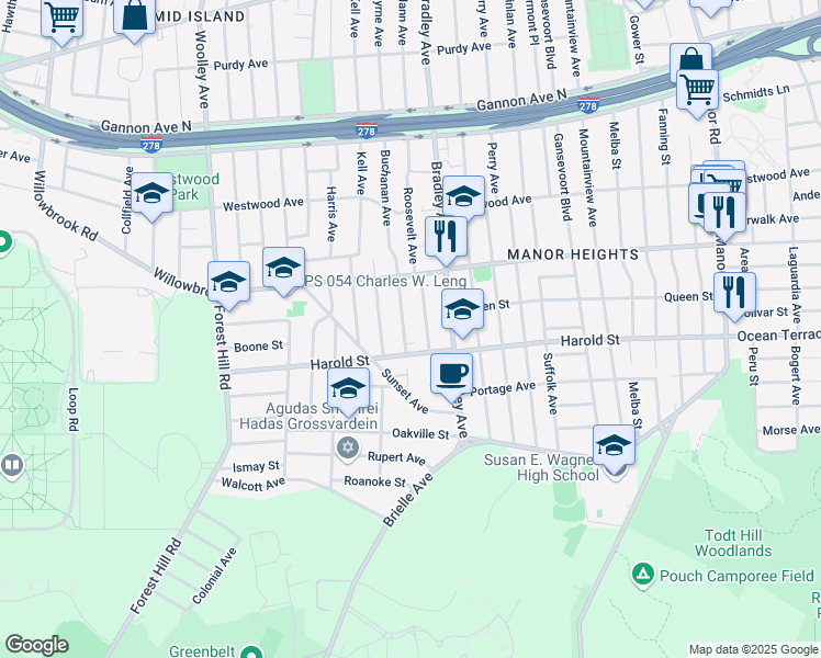 map of restaurants, bars, coffee shops, grocery stores, and more near 557 Buchanan Avenue in Staten Island