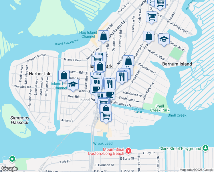 map of restaurants, bars, coffee shops, grocery stores, and more near 25 Nassau Lane in Island Park
