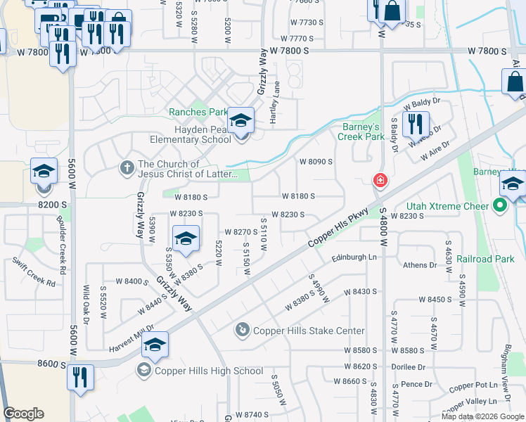 map of restaurants, bars, coffee shops, grocery stores, and more near 5104 West 8230 South in West Jordan