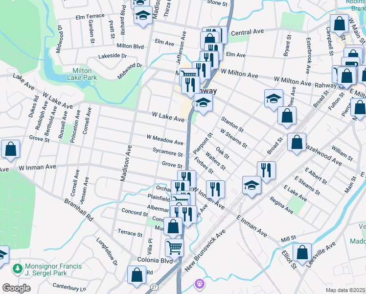 map of restaurants, bars, coffee shops, grocery stores, and more near 372 West Meadow Avenue in Rahway
