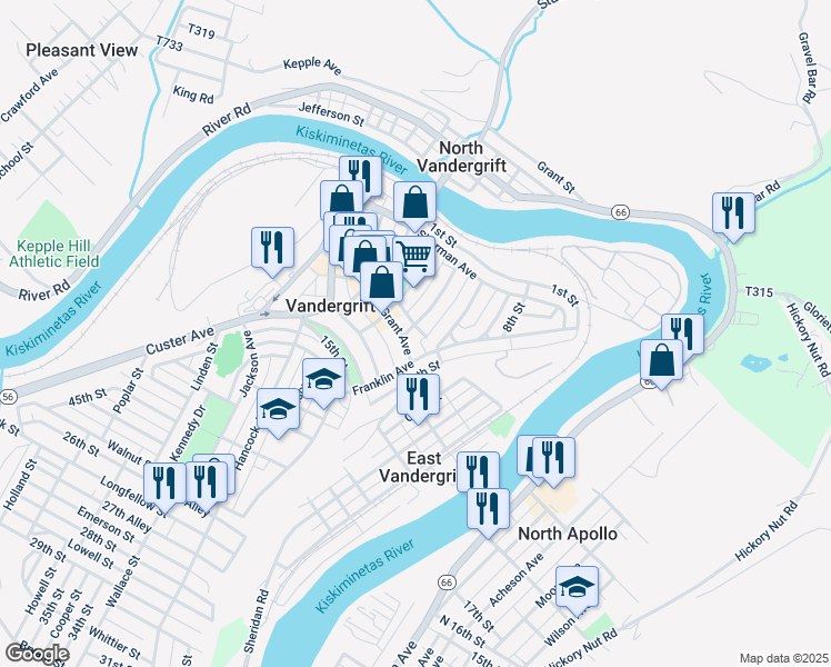 map of restaurants, bars, coffee shops, grocery stores, and more near 164 Jefferson Avenue in Vandergrift