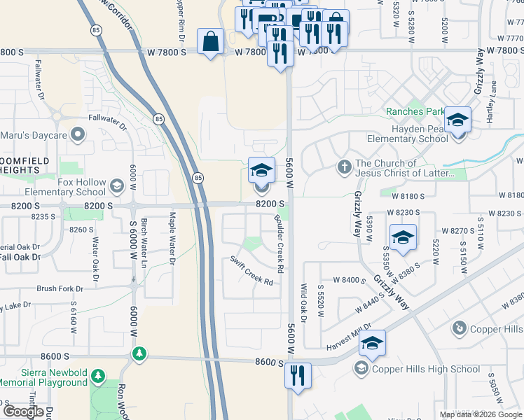 map of restaurants, bars, coffee shops, grocery stores, and more near 5664 Boulder Creek Rd in West Jordan