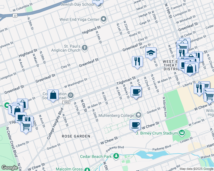 map of restaurants, bars, coffee shops, grocery stores, and more near 2433 Tilghman Street in Allentown