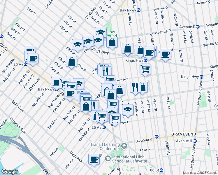 map of restaurants, bars, coffee shops, grocery stores, and more near 1825 Stillwell Avenue in Brooklyn