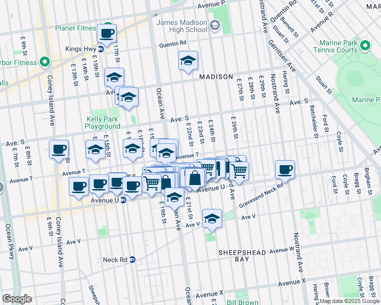 map of restaurants, bars, coffee shops, grocery stores, and more near 2016 East 22nd Street in Brooklyn